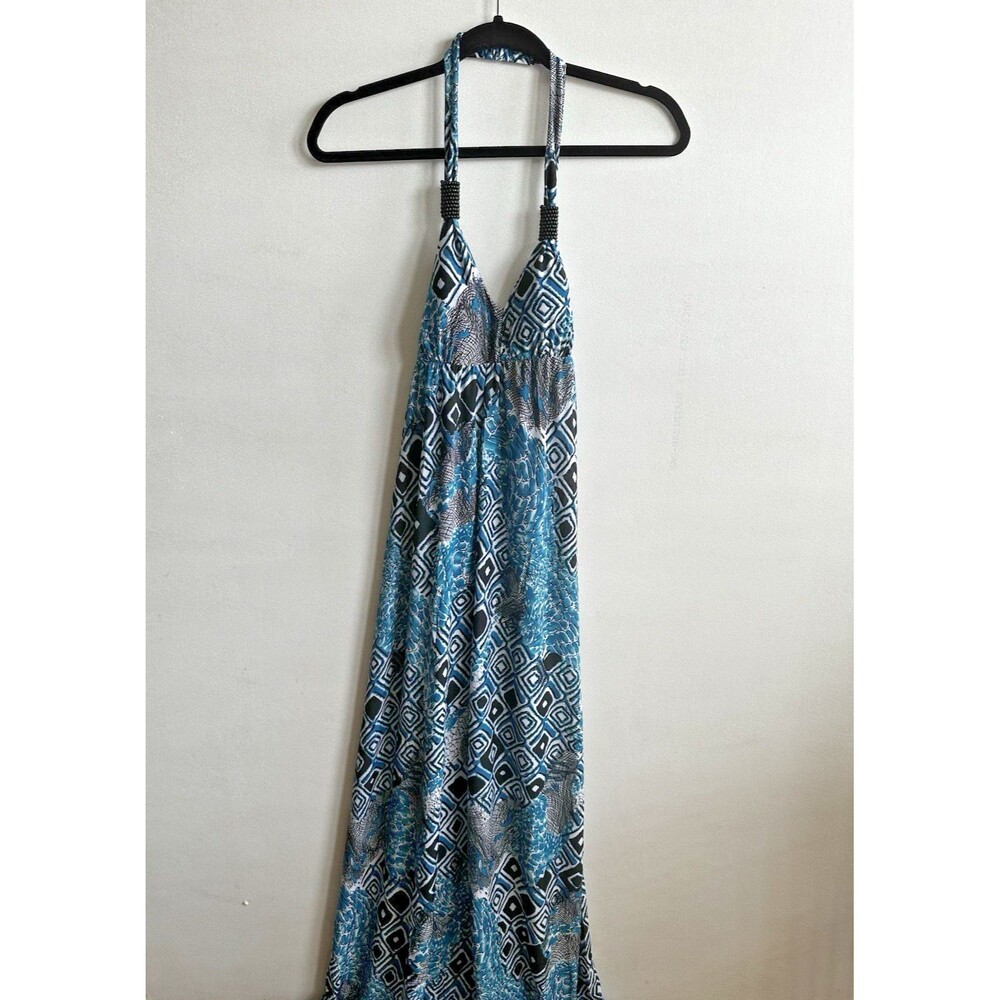 WMNS M Teal and Black Geometric Maxi Dress Beaded Halter Resort Tropical Beach